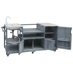 English Elm K&k Solid Fir Outdoor Kitchen Island with Sink Stainless Steel Top and Grill Cutout Grey+Blue N707S000022G