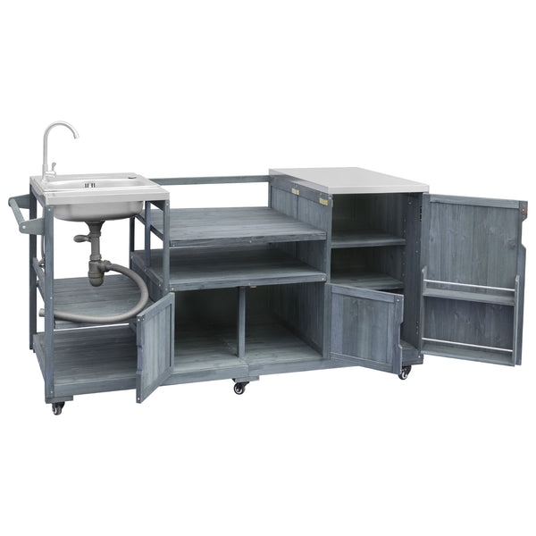 English Elm K&k Solid Fir Outdoor Kitchen Island with Sink Stainless Steel Top and Grill Cutout Grey+Blue N707S000022G