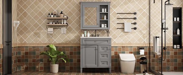 English Elm 30'' Modern Bathroom Vanity Set With Mirror, Stylish Freestanding Cabinet, Ample Storage & Sink SW000127AAE-1