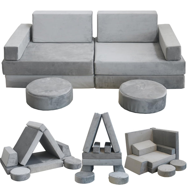English Elm 10 Piece Modular Foam Play Couch Set Soft Frameless Sectional for Bedroom Playroom Light Gray T5880P493405