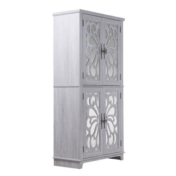 English Elm 67.4"h Mirrored Corner Cabinet Carved Butterfly Doors Adjustable Shelves Entryway Storage Light Gray W2899P374348