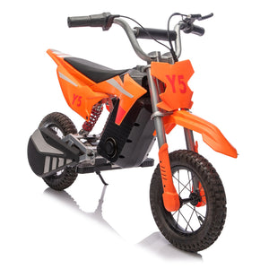 English Elm 24v 250w Kids Off-road Electric Motorcycle with Led Lights Bluetooth and Rear Suspension Orange W1578P203982