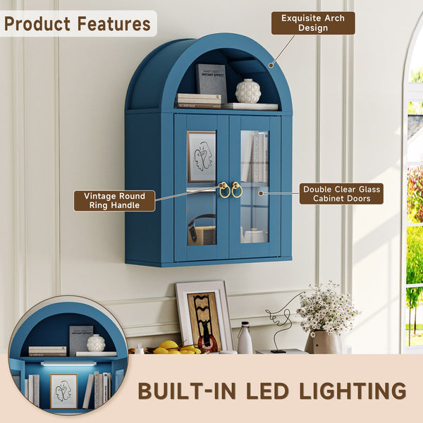 English Elm Wall Mounted Arched Cabinet Tempered Glass Doors Led Lighting Adjustable Shelves Bathroom Turquoise T3210P471552