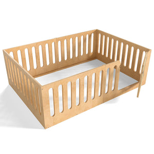 English Elm Twin Solid Pine Montessori Floor Bed with House Frame Door and Safety Fence Natural W5305P420636