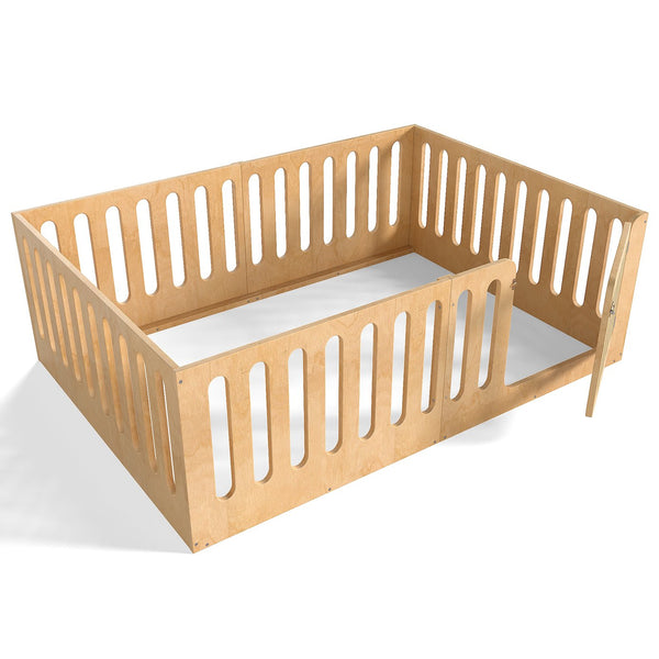 English Elm Twin Solid Pine Montessori Floor Bed with House Frame Door and Safety Fence Natural W5305P420636