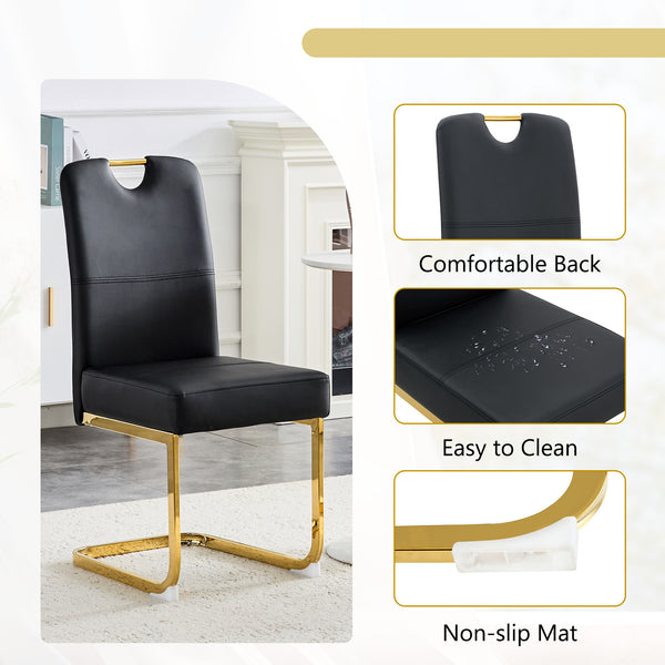 English Elm Modern Cantilever Gold Frame Pu Leather Dining Chairs Glam Set of Four Black W3875P372986
