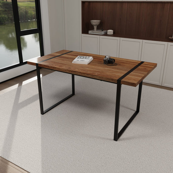 English Elm 59" Industrial Dining Set with Suede Chairs Matte Metal Base Mdf Table Seats Four Brown Grey W2189S00933