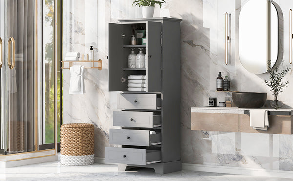 English Elm Storage Cabinet with 2 Doors and 4 Drawers, Slim MDF Organizer with Adjustable Shelf, Anti-Tip Safety Grey WF302825AAE