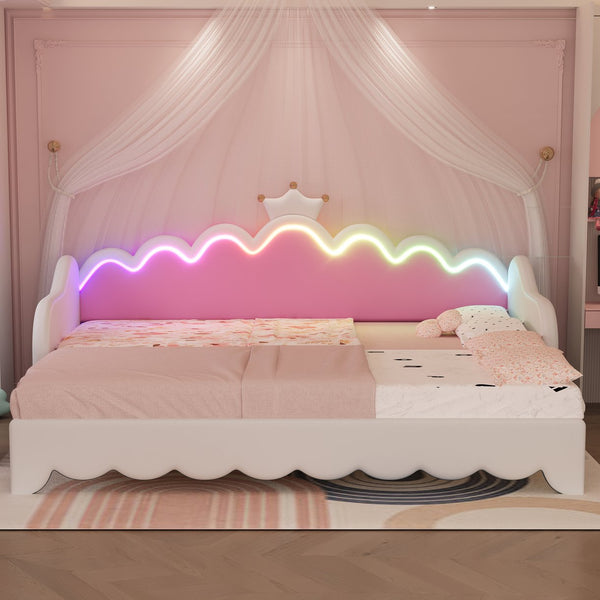 English Elm Twin Extending Daybed with LED Crown Headboard, Upholstered Princess Design for Cozy Kids Room White 76.5 L x 17.4 W x 4.3 H HL000104AAK