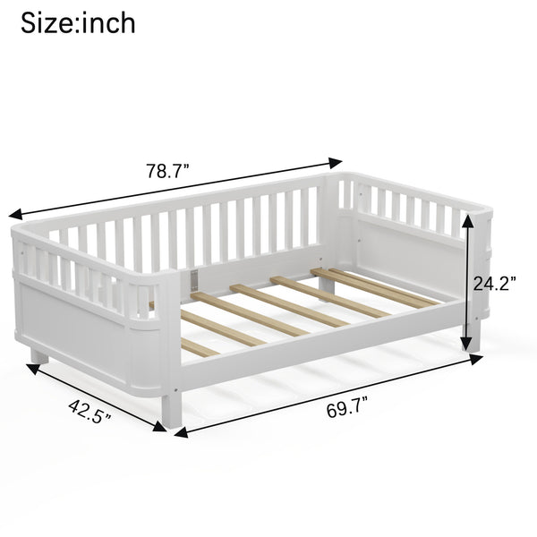 English Elm Twin Low Profile Pine Wood Kids Bed with Safety Rails and Fence Style Headboard W2593P367041
