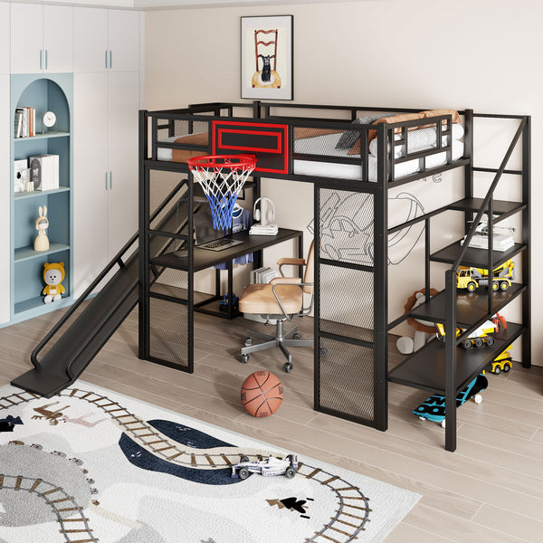 English Elm Full Full Size Metal Loft Bed with Built-In Desk, Slide, Basketball Hoop and Open Wardrobe Storage Black GX001524AAB