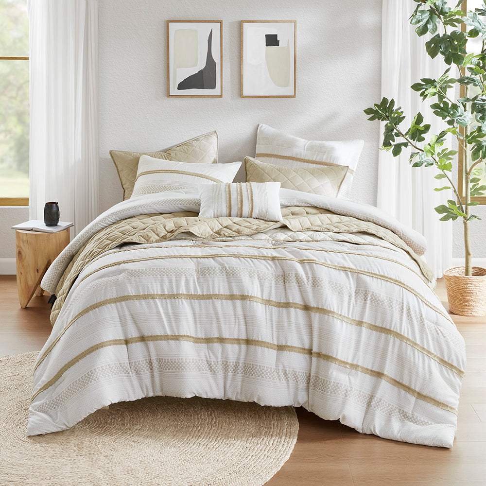 JLA Home Madison Park - 7 Piece Stripe Comforter and Quilt Set Coastal-Boho King Bedding with Plush Microfiber, Textured Coverlet, Wrinkle-Resistant Taupe MP10-8489