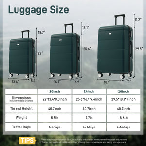English Elm Hardshell 3 Piece Luggage Set Abs Spinner Suitcase with Tsa Lock Telescoping Handle Dark Green N732P308497M