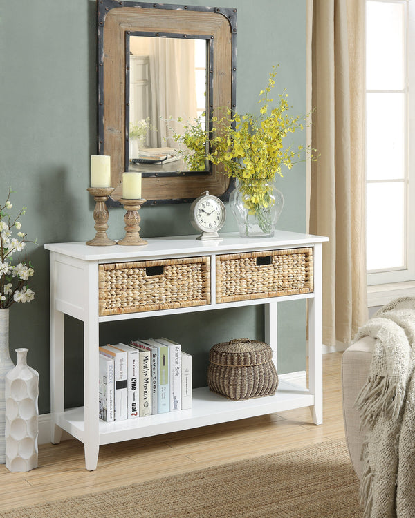 English Elm Flavius Rustic Console Table with 2 Basket-Front Drawers, Open Bottom Shelf & Solid Wood Legs White 48 L x 19 W x 9 H B2726P277147