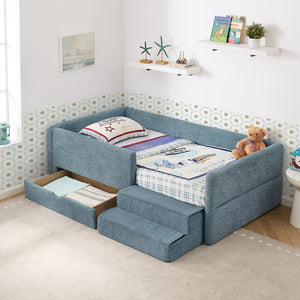 English Elm Twin Boucle Upholstered Kids Bed with Guardrails Built in Storage and Cushioned Step Stool Navy W1413P433366
