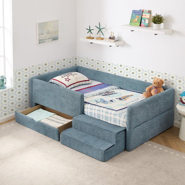 English Elm Twin Boucle Upholstered Kids Bed with Guardrails Built in Storage and Cushioned Step Stool Navy W1413P433366