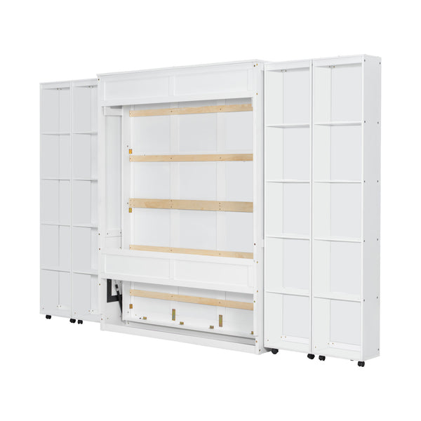 English Elm Queen Murphy Wall Bed with Hydraulic Lift and Push Pull Cabinet Storage Unit White LP000381AAK