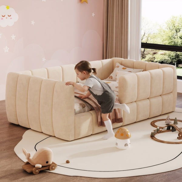 English Elm Upholstered Velvet Toddler Daybed with Removable Guardrails and Solid Slat Support Beige N899P452426A