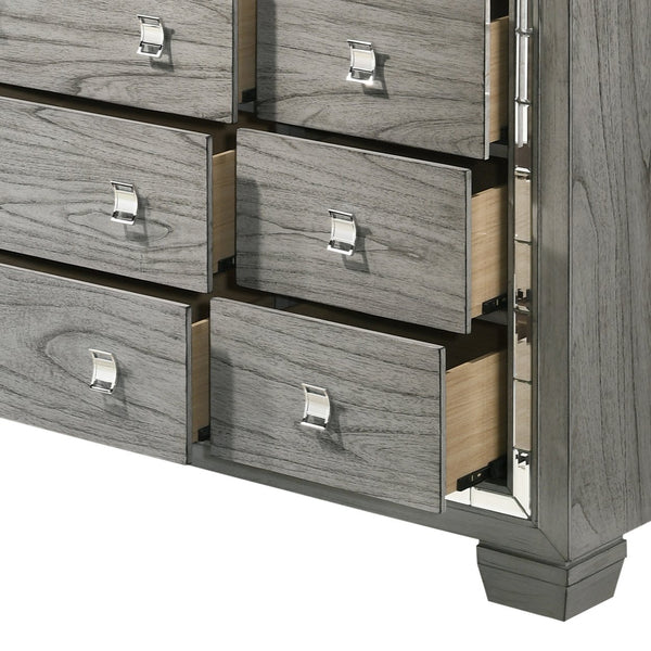 English Elm Antares Light Gray Oak Finish Dresser with 9 Spacious Drawers, Mirrored Trim & Modern Block Legs B2726P257363