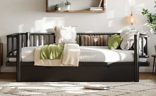 English Elm Full Size Metal Platform Storage Bed Low Profile Steel Frame with Built-in Drawers Black W5305P471350
