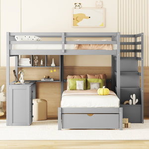English Elm Full Over Twin Bunk Bed with Staircase Drawers Desk and Shelves in Gray Gray LT001605AAE-1