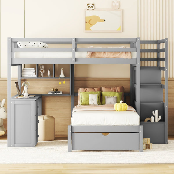 English Elm Full Over Twin Bunk Bed with Staircase Drawers Desk and Shelves in Gray Gray LT001605AAE-1