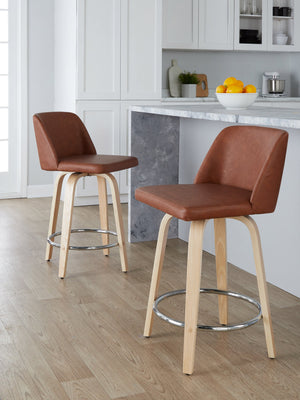 English Elm Fixed-height Swivel Counterstools Natural Wood Bentwood Legs Camel Faux Leather Set 2 B202S01767