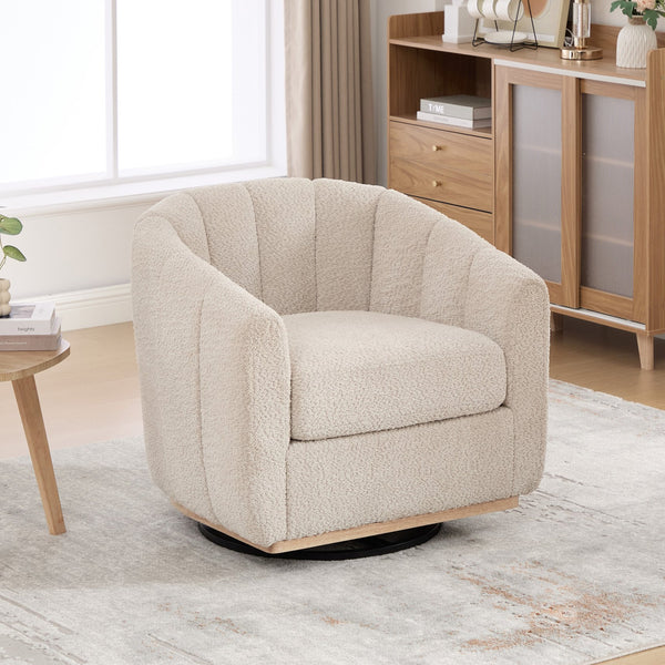 English Elm 31.89 Inch Chenille Tufted Swivel Barrel Armchair Pumpkin Sculpted Design for Living Rooms Wheat W3098P397229