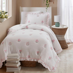 English Elm 2-piece Floral Embroidered Twin Quilt Set Romantic Ruffled Border Soft Down Alternative Fill White+Pink B035P463191