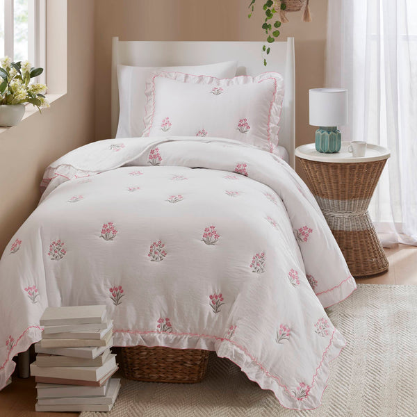 English Elm 2-piece Floral Embroidered Twin Quilt Set Romantic Ruffled Border Soft Down Alternative Fill White+Pink B035P463191