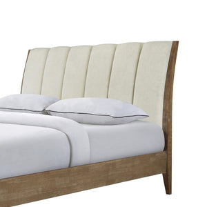 English Elm 1pc Modern Upholstered Queen Bed with Hickory Veneer, Touch LED Headboard, Plush Contemporary Design Beige 61 L x 30 W x 6.5 H B011S01863