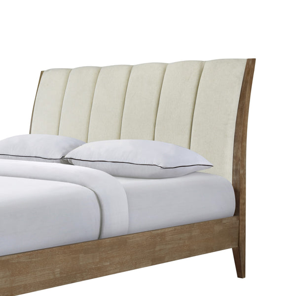 English Elm 1pc Modern Upholstered Queen Bed with Hickory Veneer, Touch LED Headboard, Plush Contemporary Design Beige 61 L x 30 W x 6.5 H B011S01863