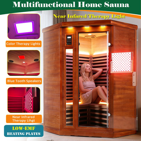 English Elm Far Infrared Corner Sauna for Two Okoume Wood Low Emf Red Light Therapy Home Spa W3973S00012