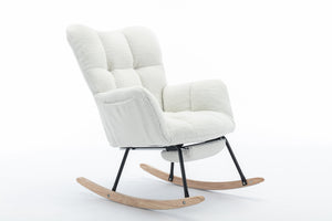 English Elm 067-teddy Fabric High Back Nursery Rocking Chair with Adjustable Footrest and Storage Pocket Ivory W527P420892