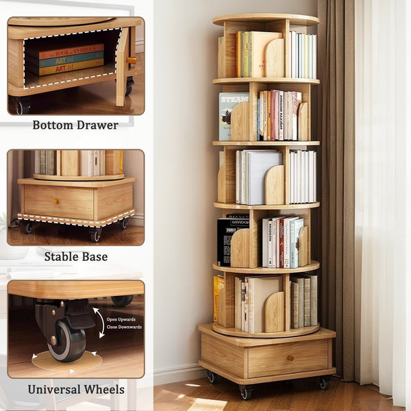 English Elm 6 Tier Rotating Bookshelf 360° Spinning Tower with Lockable Wheels, Drawer & Stable Base for Home Office Wood W3204P309484