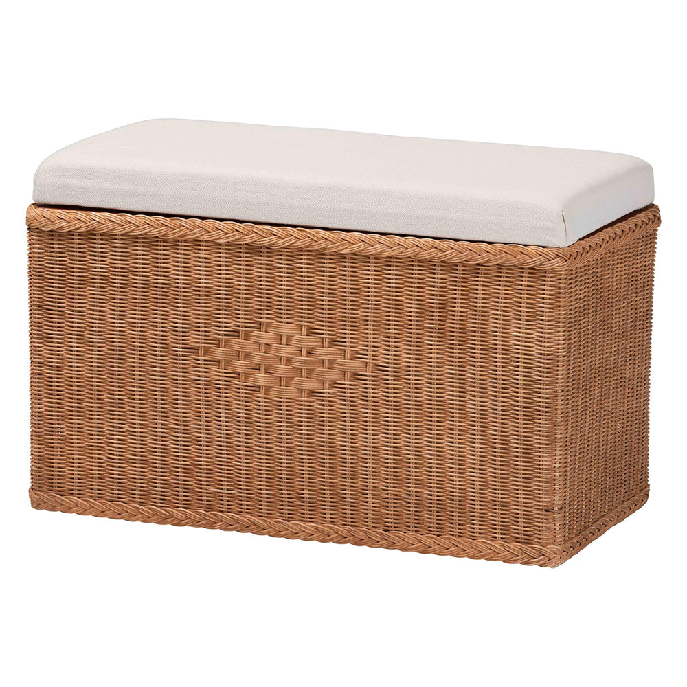 English Elm Braided Rattan Mahogany Storage Bench with Cushioned Lift Top for Coastal Boho Rooms B2750P467839