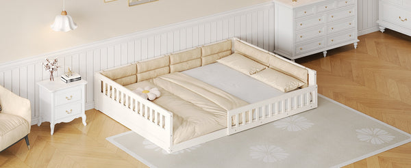 English Elm Wood Full Size Upholstered Platform Bed with Guardrail and Head Pillow, Sleek Silhouette, Sturdy 600lb Capacity Beige WF323090AAA