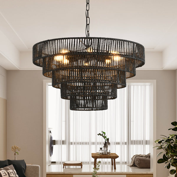 English Elm 24" Rustic 5-Tier Black Hemp Rope Chandelier – 8 E12 Sockets, Adjustable 150cm, Boho Farmhouse Fixture W1340P241299