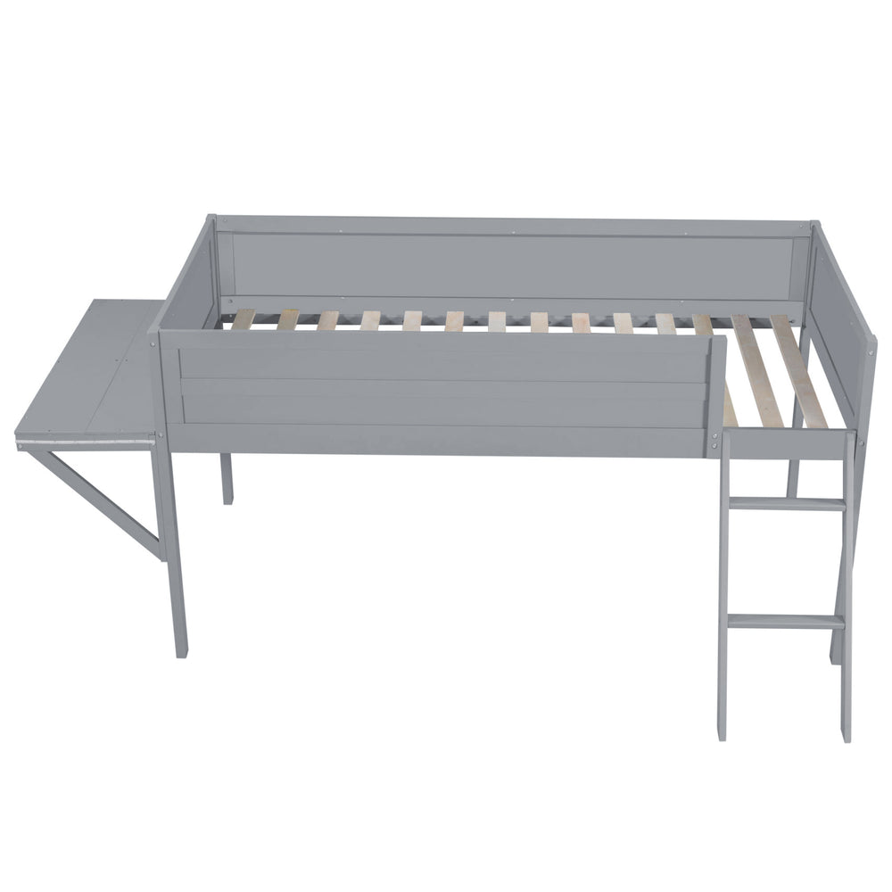 English Elm Wood Twin Gaming Loft Bed with Desk, LED Lighting & Storage Shelves—Sturdy Pine Build for Kids (98) N709P236479E