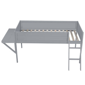 English Elm Wood Twin Gaming Loft Bed with Desk, LED Lighting & Storage Shelves—Sturdy Pine Build for Kids (98) N709P236479E