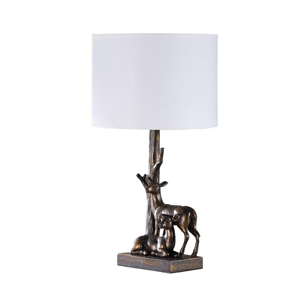 English Elm 19.75" Capreolus Bronze Polyresin Table Lamp with Duo Roe Deer, White Cotton Drum Shade, 19.5" tall B072P222438