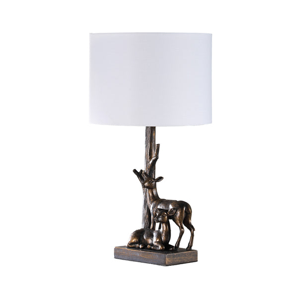 English Elm 19.75" Capreolus Bronze Polyresin Table Lamp with Duo Roe Deer, White Cotton Drum Shade, 19.5" tall B072P222438
