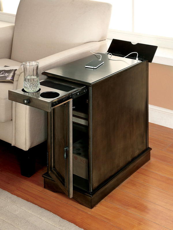 English Elm Transitional Side Table with Built-In USB & Power Dock, Pull-Out Cup Holder and Spacious Cabinet Storage Gray 15 L x 27 W x 27 H B2741P341687