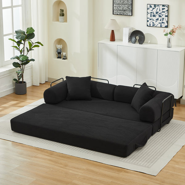 English Elm Folding Sofa Bed Corduroy 3-Seater Convertible Couch Bed with Foam Spring Mattress and Pillows for Living Room Black W2915P343896