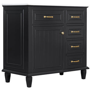 English Elm 36 Inch Bathroom Vanity With Ceramic Sink Top, Solid Wood Frame & Smart Storage Solutions For Style N725P336554B