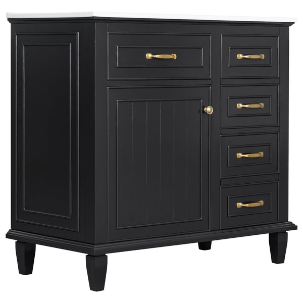 English Elm 36 Inch Bathroom Vanity With Ceramic Sink Top, Solid Wood Frame & Smart Storage Solutions For Style N725P336554B
