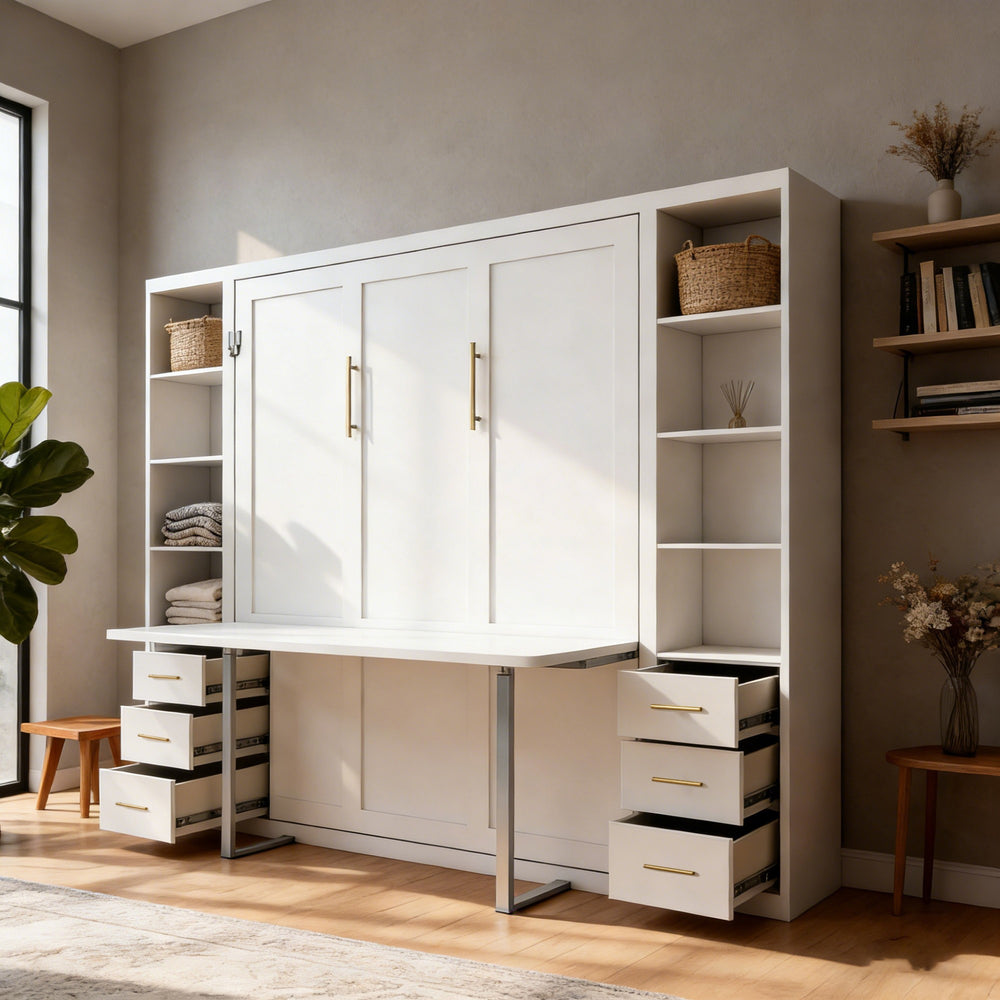 English Elm Desk Murphy Wall Bed Queen with Side Storage Cabinets for Home Office Study W5290S00006