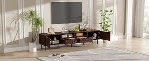 English Elm 78 Inch Walnut Media Console with Slatted Doors Iron Legs and Cable Management N710P373605Q