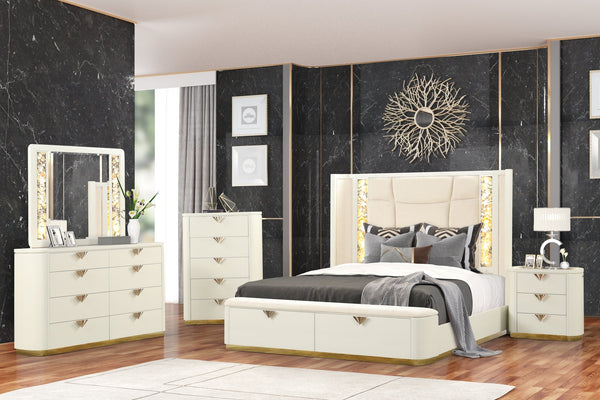 English Elm La Pierre Queen Upholstered Bed with Ambient LED Headboard, Storage Drawers, Gold Accents, Beige Modern Luxury B009S01447
