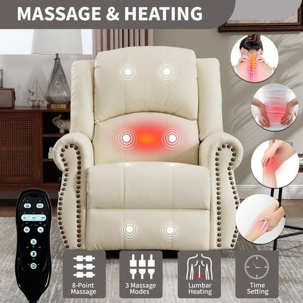 English Elm Heat Massage Rocker Swivel Recliner Chair with Lumbar Relief Nodes for Living Room Beige W3224S00028